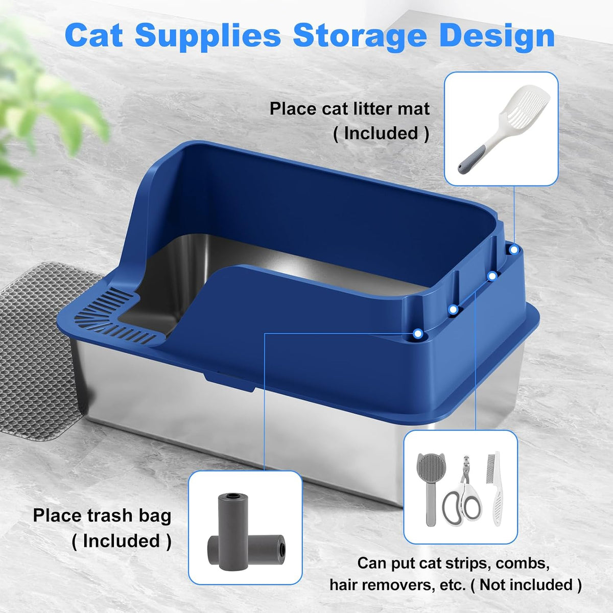 Non-Stick Stainless Steel Litter Box, XL Side Open Splash-Proof (Blue)