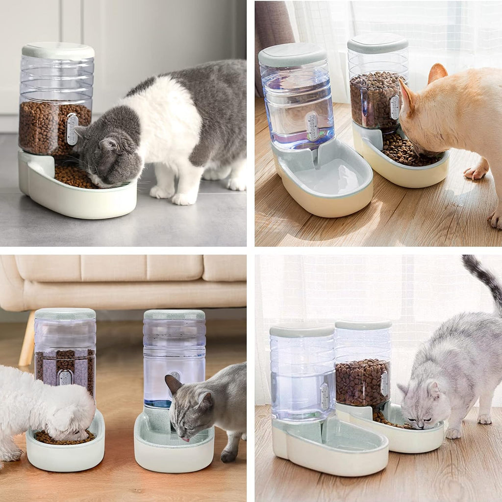 Automatic Dog Cat Feeder and Water Dispenser Gravity Food Feeder and Waterer Set with Pet Food Bowl for Small Medium Dog Puppy Kitten, Large Capacity 1 Gallon x 2(Grey)