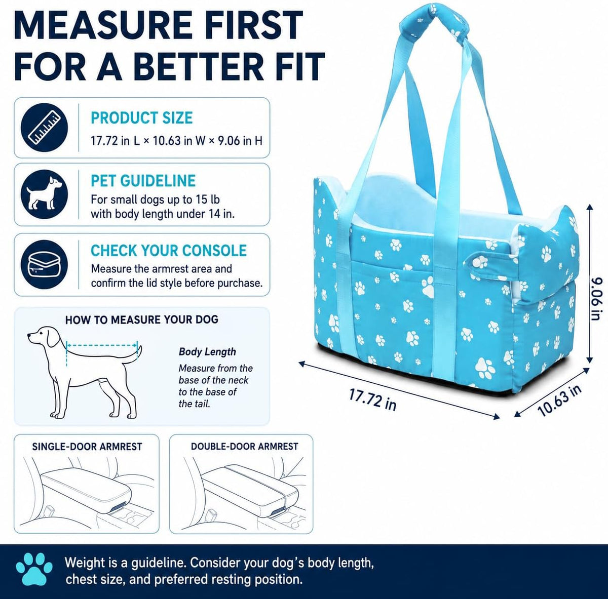 Center Console Dog Car Seat for Small Dogs Under 15lbs,Detachable Washable Booster Pet Car Seat Travel Bed with Storage Pockets and Seat Belt(Blue)