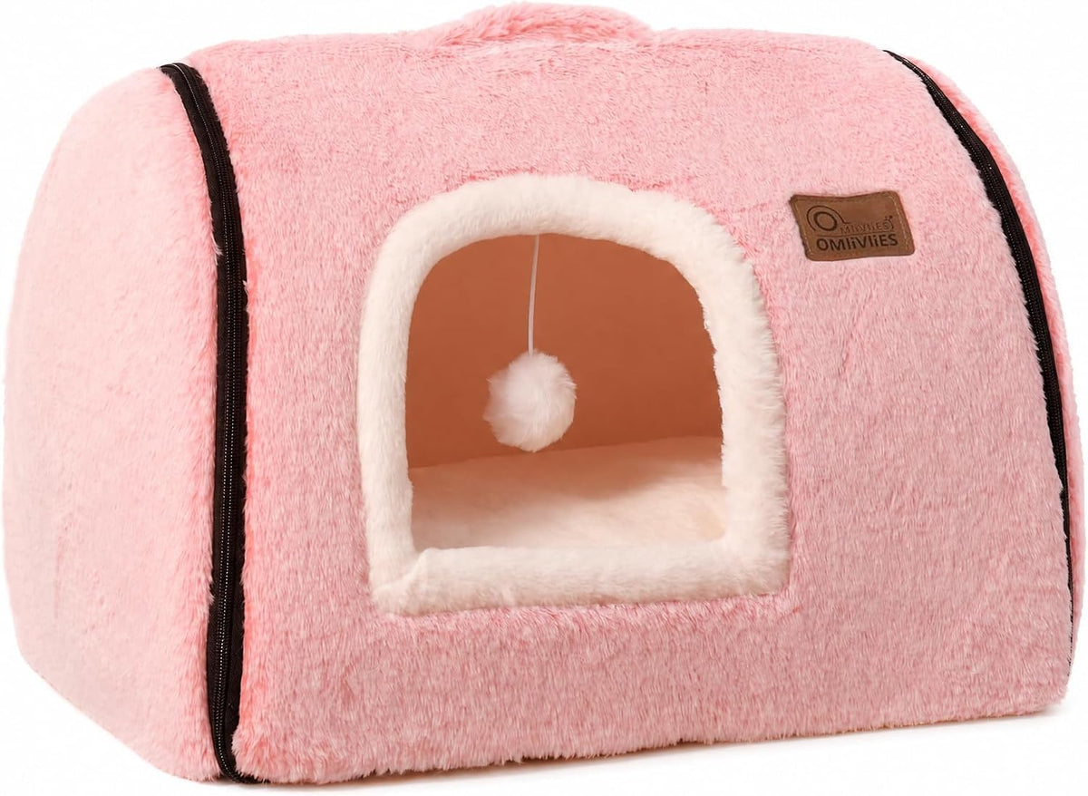 cat Bed cave-cat beds for Indoor Cats,Soft and Comfortable Cute cat Bed，cat House,with Removable Washable Cushioned Pillow,Enclosed pet Bed,Kitty pet hut、Hideaway,Small Large Dog Tent (Pink)