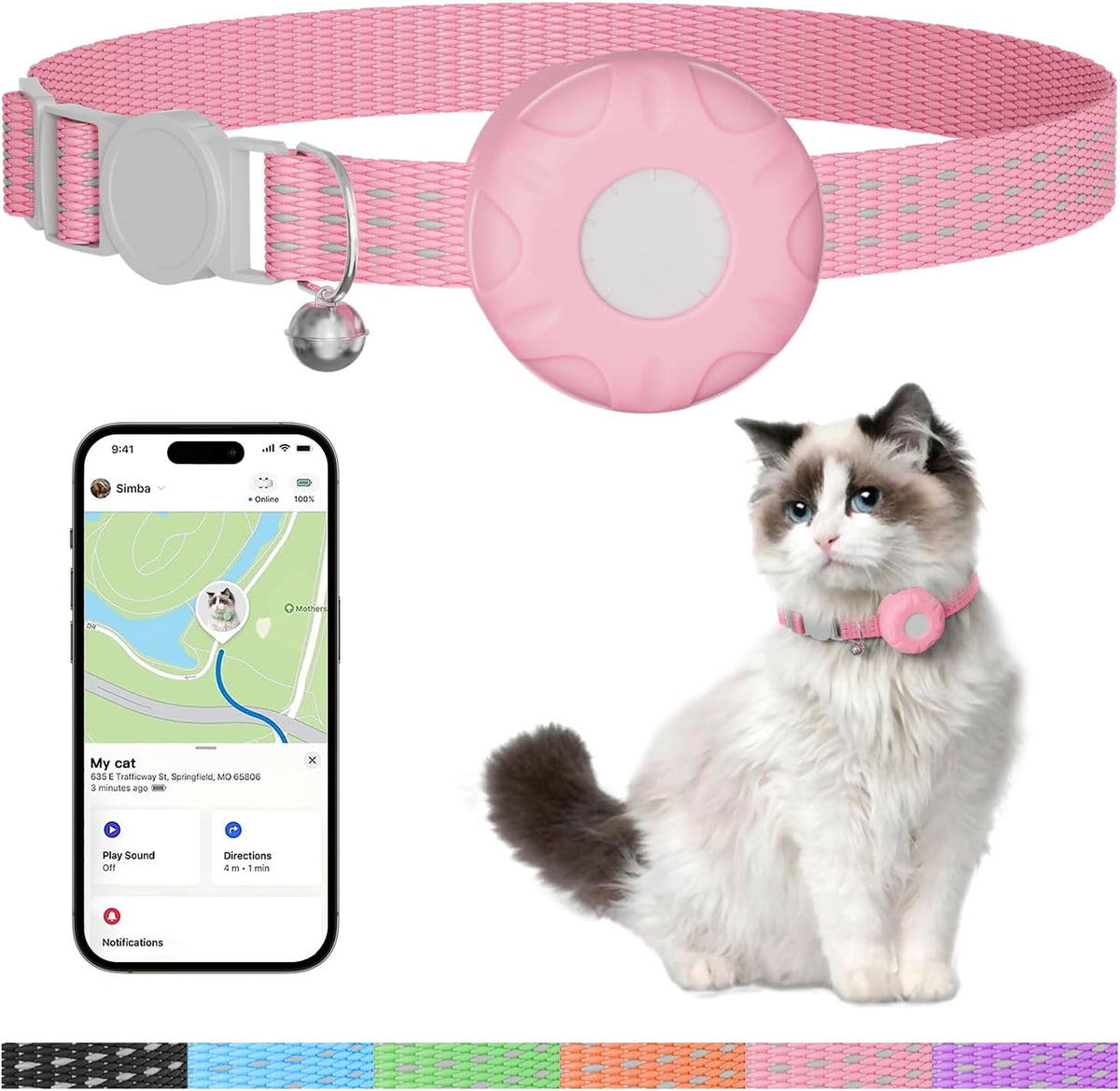 GPS Tracker for Cats,Cat Tracker with Real-Time Location, Pet Tracker with Cat Collar,Compatible with Apple Find My App (Only iOS),No Monthly Fee,Waterproof,Anti-Lost Device (Pink)