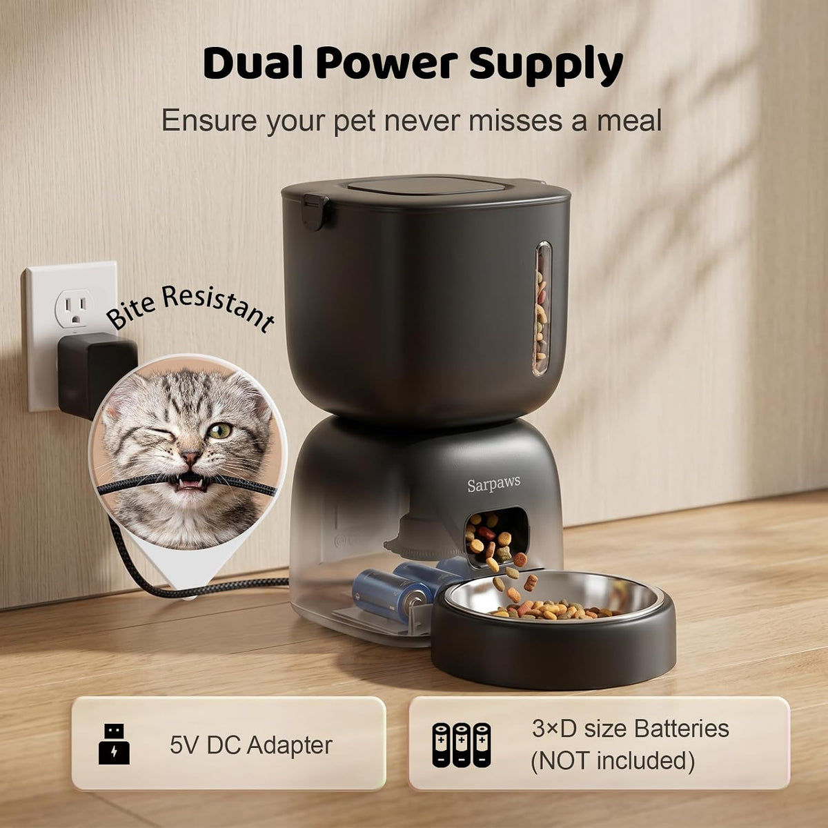 SARPAWS Automatic Cat Feeder, 3L Timed Pet Food Dispenser with 304 Stainless Steel Bowl, 10s Voice Recorder, Dual Power 180-Day Battery Life, Anti-Clogging Auto Pet Feeder for Small Cats and Dogs