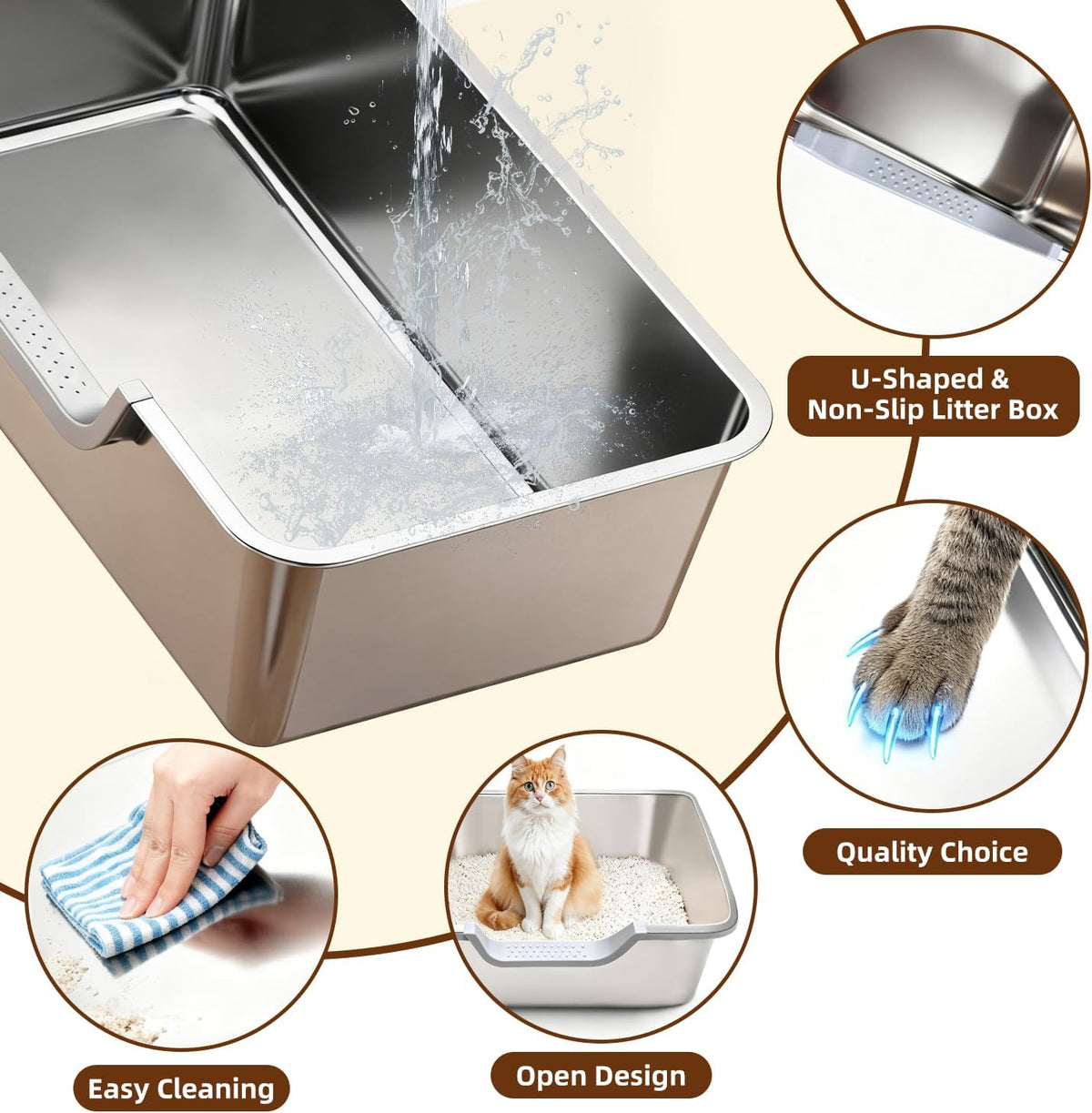 Stainless Steel Cat Litter Box, Steel Litter Pan with Curved Low Entry, Leak Proof 6 Inch High Side for Urine, Easy Entry for Kittens Older Cats, No Slip, 17.7" x 13.8" x 6", Silver