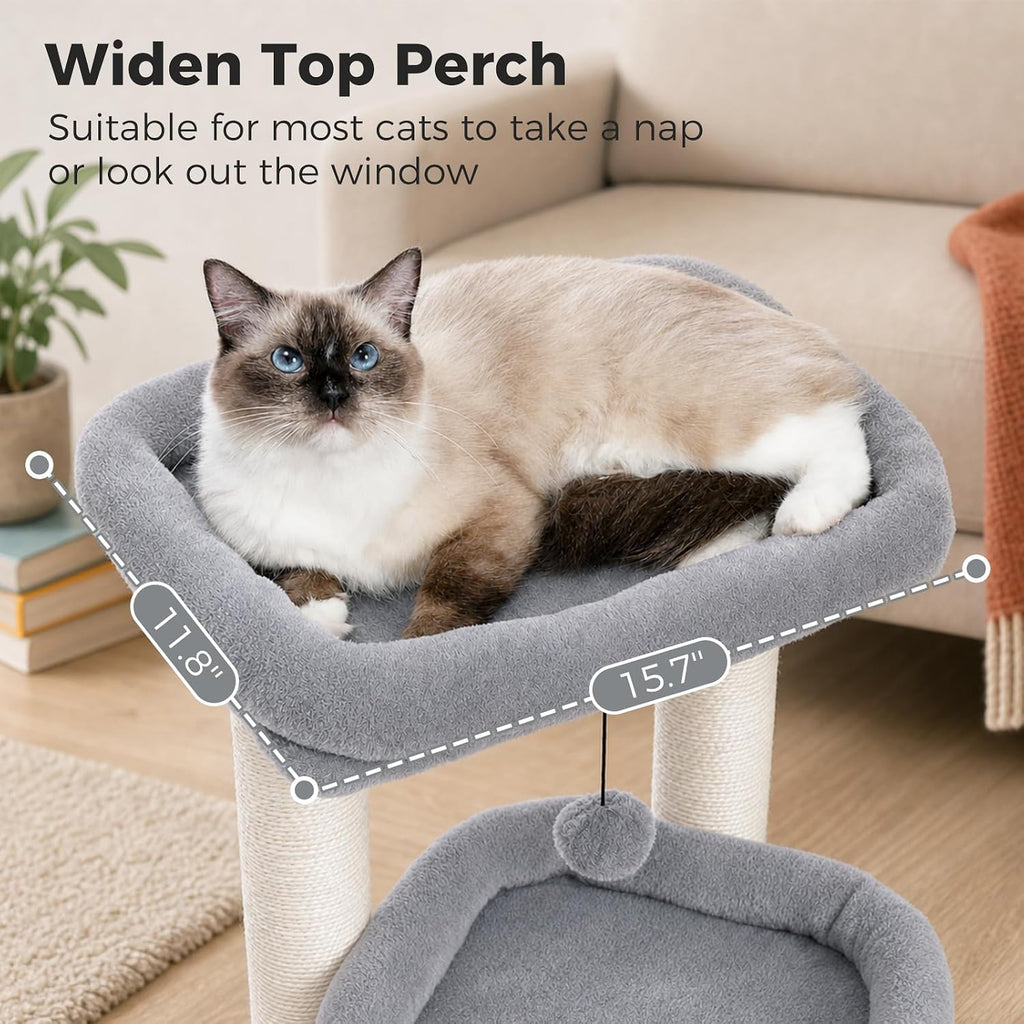 PEQULTI Small Cat Tree Tower for Indoor Cats, Sisal Post & Cozy Condo, Grey