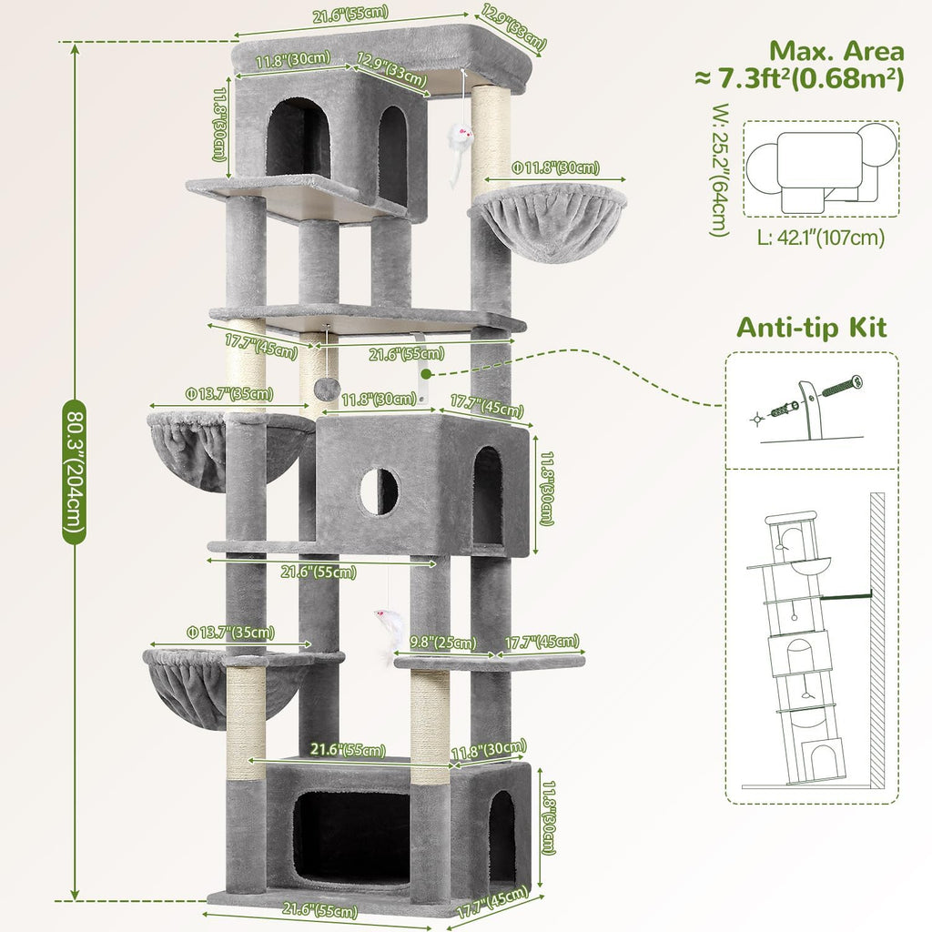 Globlazer Large Cat Tree, 80in Tall Climbing Tower, F80F, Light Grey