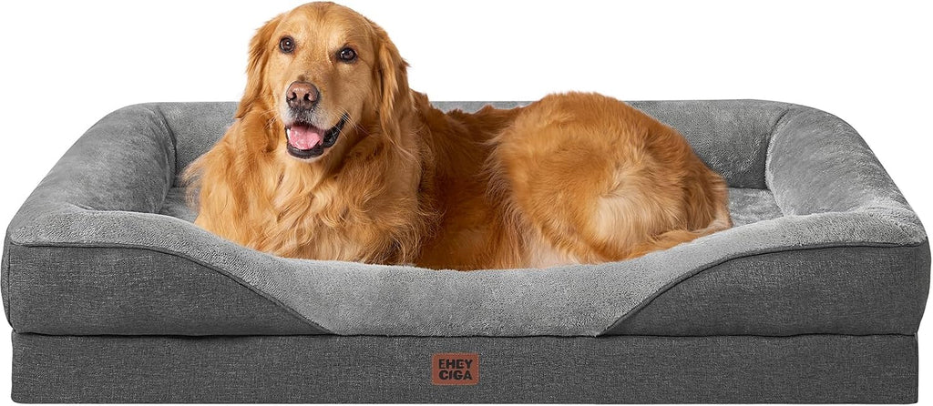 EHEYCIGA Orthopedic Dog Bed for Large Sized Dog, 45x35 Inch Large Memory Foam Dog Couch Bed with Sides, Waterproof Liner & Washable Removable Cover, Bolster Pet Sofa, Grey