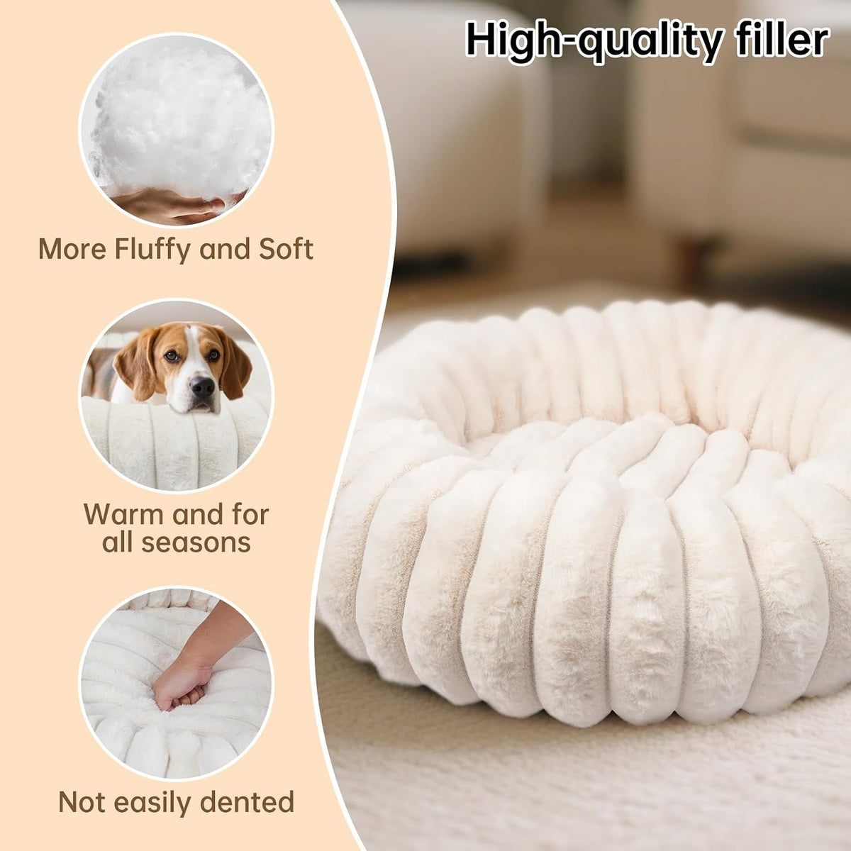 Donut Dog Beds Large Sized Dog Washable Plush Pet Bed,36in White