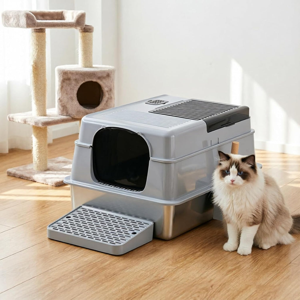 Stainless Steel Litter Box with Lid XXXXL,Metal Cat Litter Box | 3IN1 High Sides Covered for Big/Multiple Cats,Indoor,1-Mat and 1-Scoop,Easy to Clean, No Odor,Anti-Urine Leakage