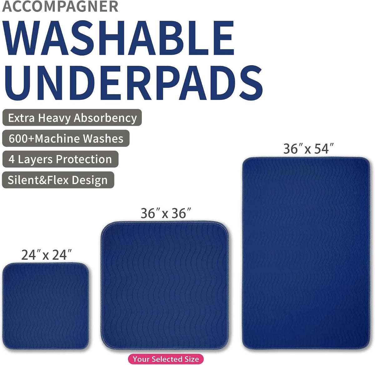 Accompagner Incontinence Bed Pads Washable Waterproof, Ultra-Absorbent Reusable Underpads for Diaper Changing, Nursing, Bedridden, Adults, Seniors, Kids and Dogs (Navy, 36"x36"(Pack of 4))