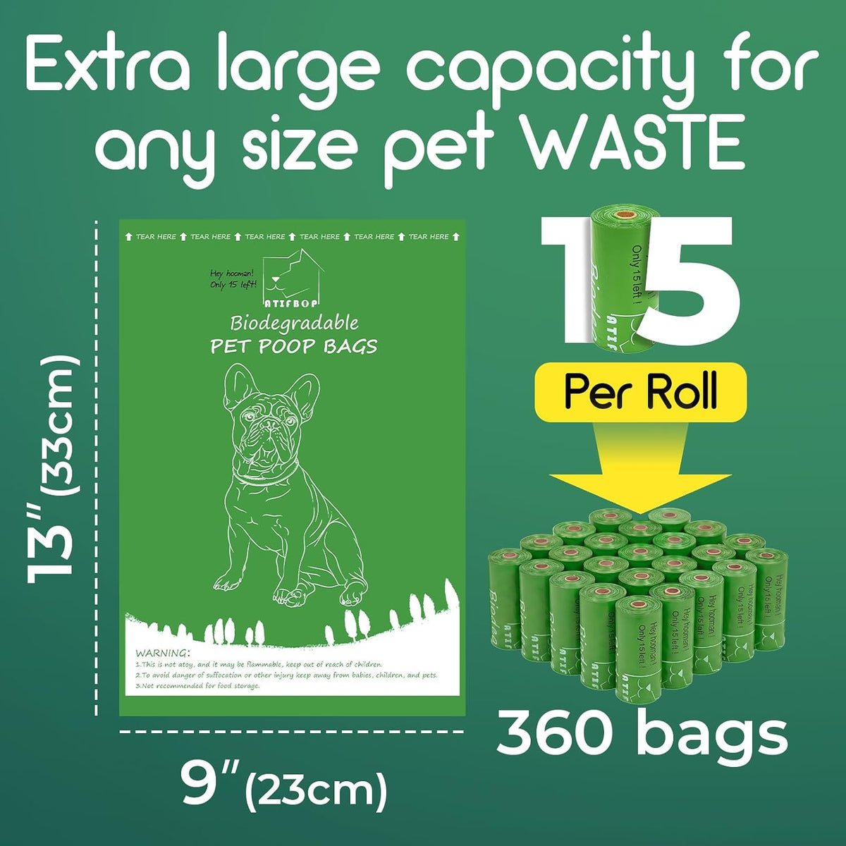 ATIFBOP Biodegradable Dog Poop Bags 360 Counts 24 Rolls, Leak Proof and Extra Thick Doggy Poop Bags (Unscented)