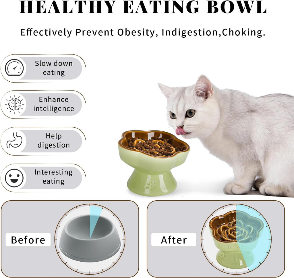 S&Q's CERAMICS Raised Slow Feeder Cat Bowl, Ceramic Elevated Cute Pet Food Bowl Small Dogs Slow Feeder, Flower Shaped Cute Cat Dish for Dry and Wet Food (Brown, 5.8")