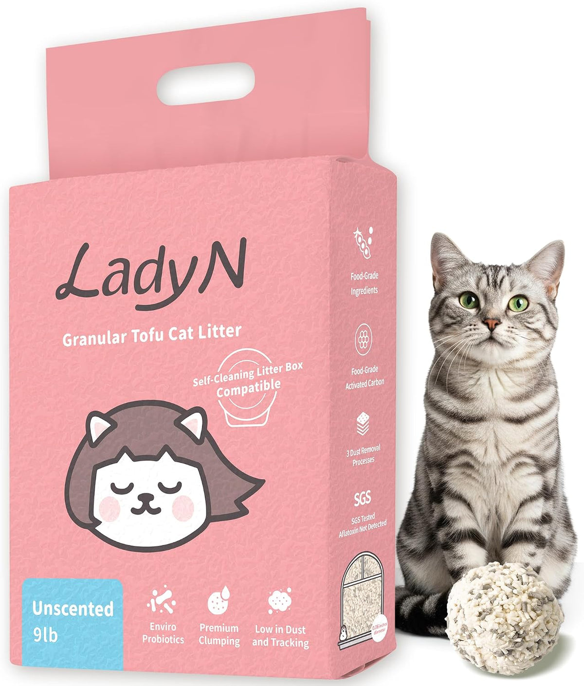 Lady N Tofu Cat Litter, Low Dust Compatible with Auto-Box Unscented 9lb | Mini-Pellet Shape, Strong Clumping, Ultra Absorbent, Activated Charcoal Odor Control