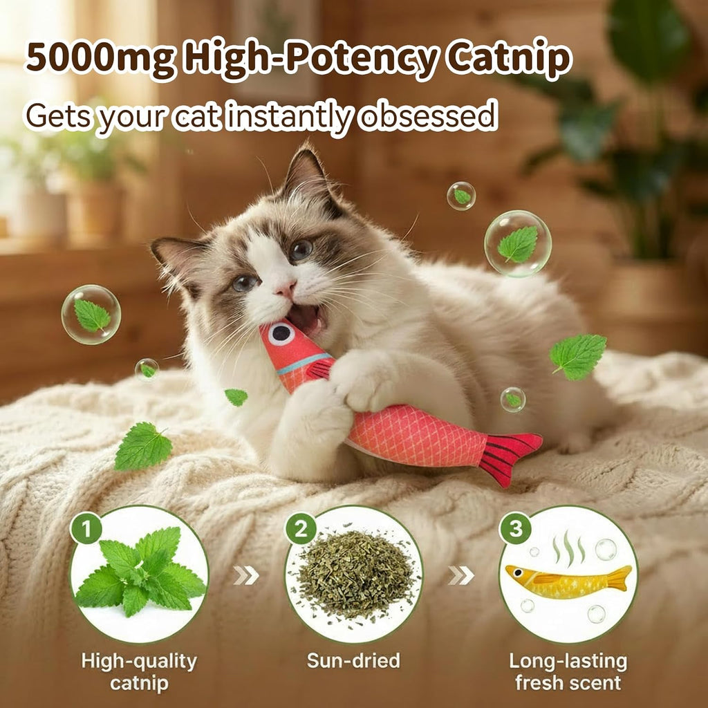 Cat Toys for Indoor Cats, Fish-Shaped Pillow, 2 Pack Red+Green | 5000mg A+Natural Catnip & Bell, Interactive Soft Chew Kicker, For Indoor Cats & Kittens, Crinkle & Bell Fish Sound Toy