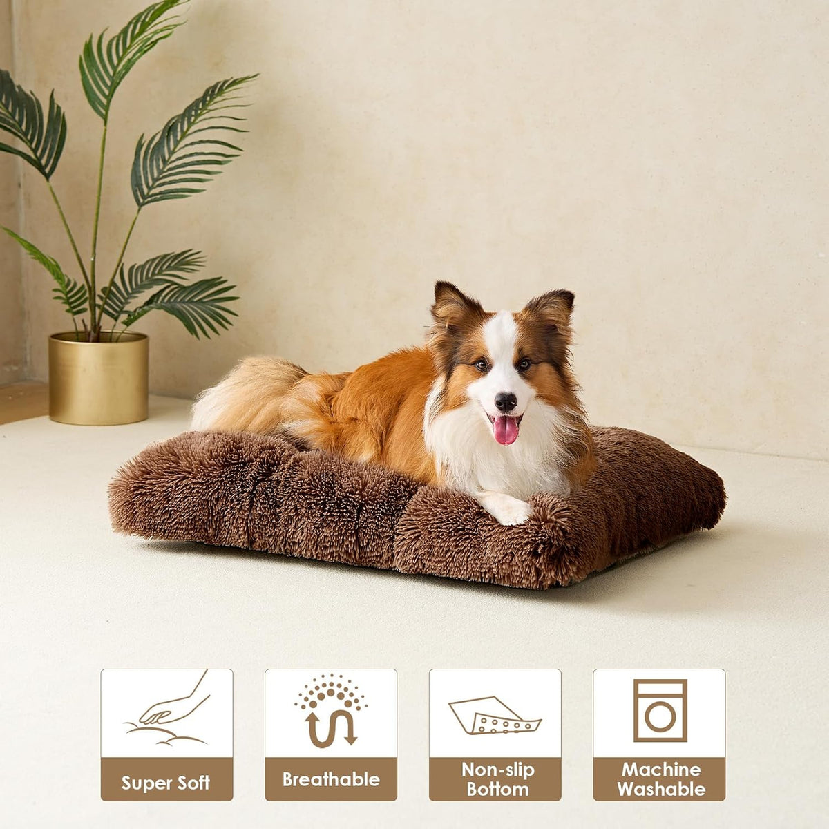 EHEYCIGA Fluffy Dog Crate Bed, Plush Extra Large Dog Pillow, Coffee