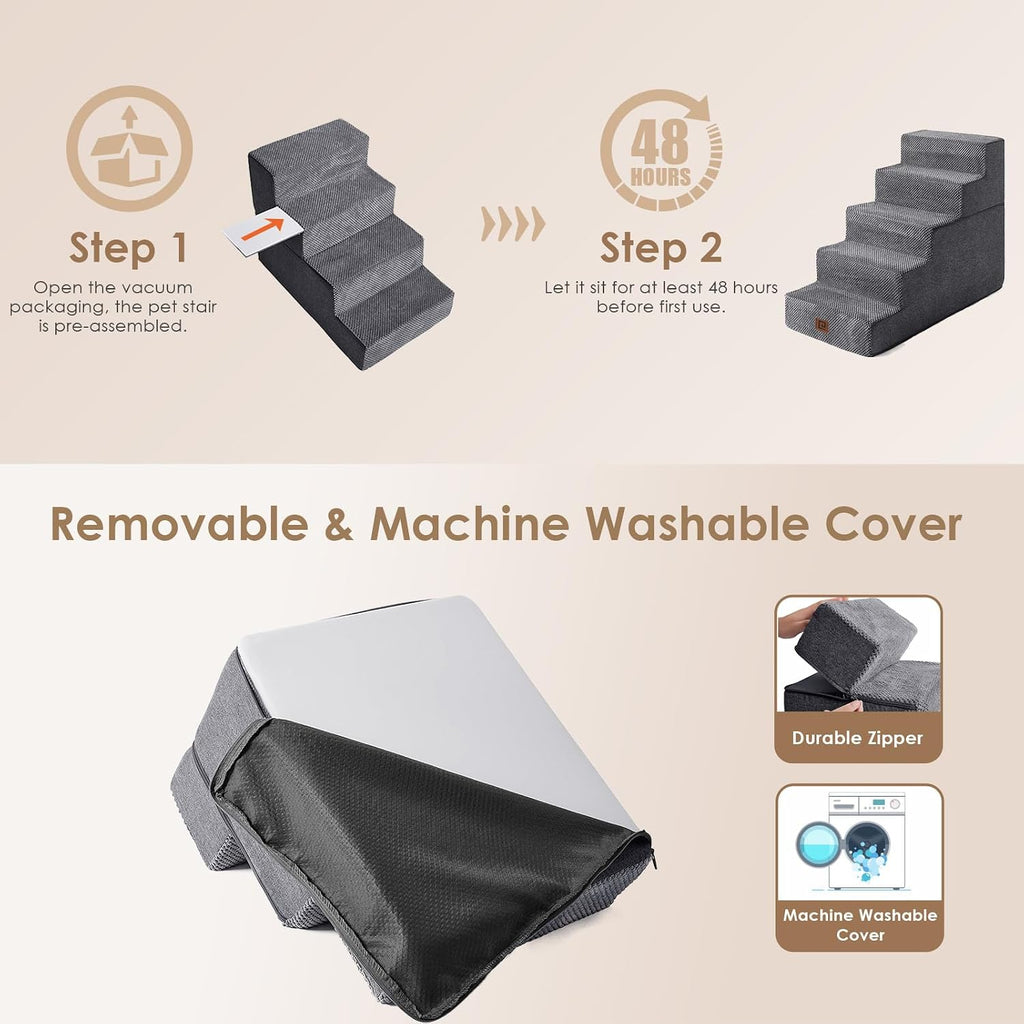 EHEYCIGA Dog Stairs for High Bed 22.5" H, 5-Step Dog Steps, Grey