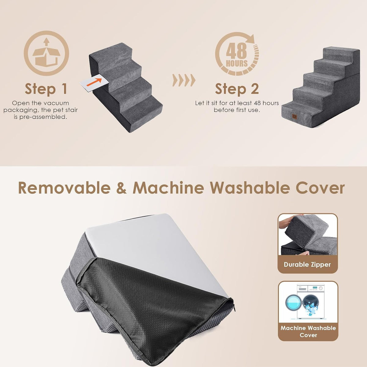 EHEYCIGA Dog Stairs for High Bed 22.5" H, 5-Step Dog Steps, Grey