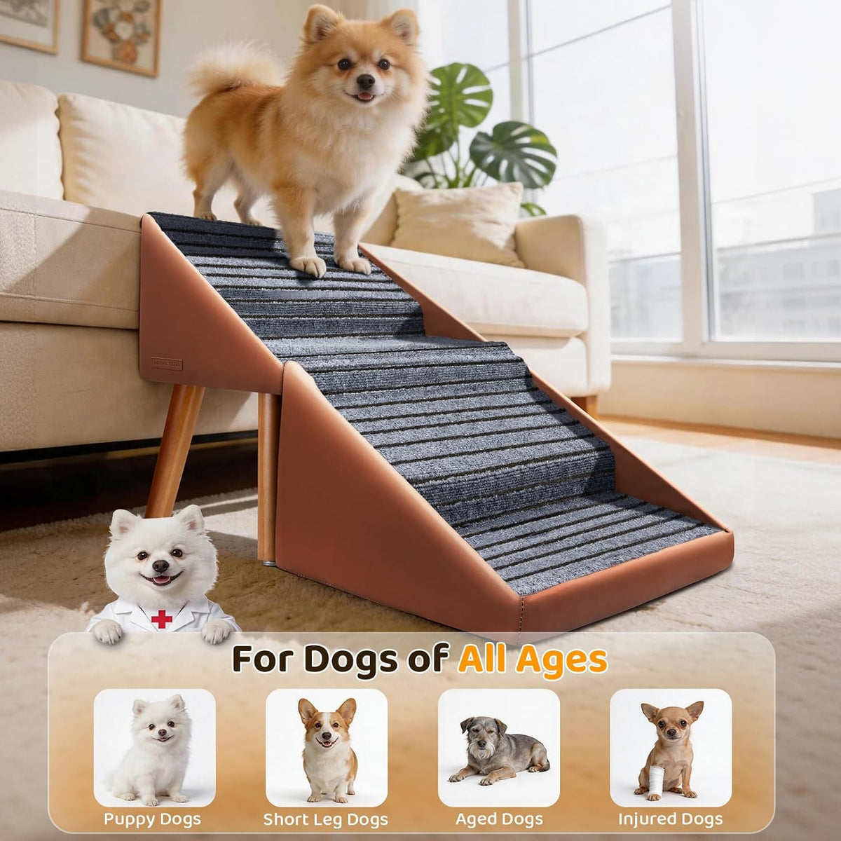 Dog Stairs for Small Dogs,17" H 4‑Step Non‑Slip Dog Ramp for Couch Low Bed