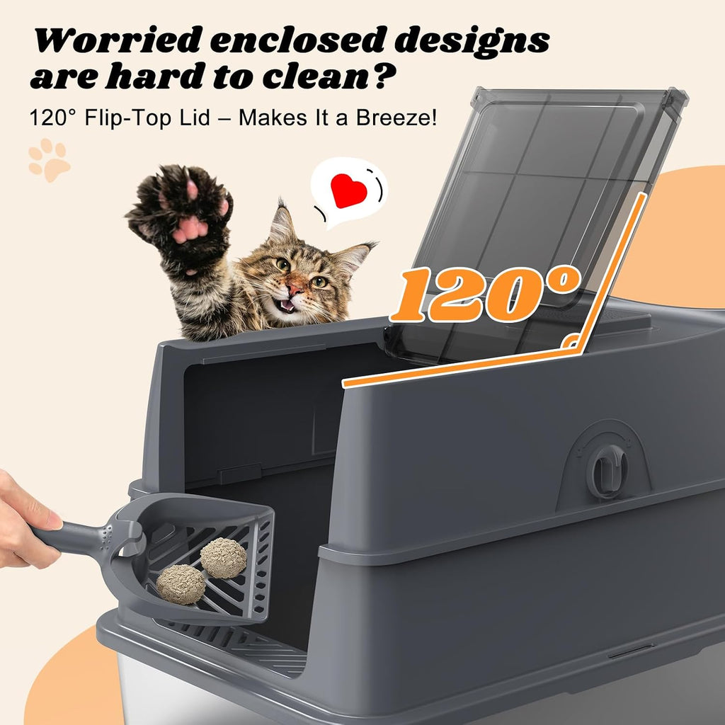 AIPERRO Enclosed Stainless Steel Cat Litter Box with Lid High Sided | Enclosure FILP-Top Metal Litter Boxes with Scoop Set for Big Cats | Odor‑Resistant | Non-Sticky, Anti-Leakage & Easy Cleaning