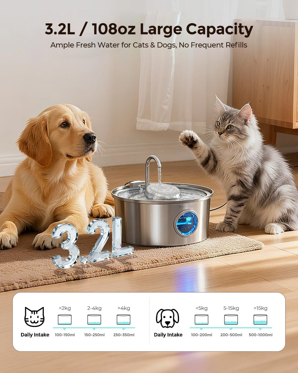 Invengo Cat Water Fountain Stainless Steel 3.2L/108oz Pet Drinking Fountain