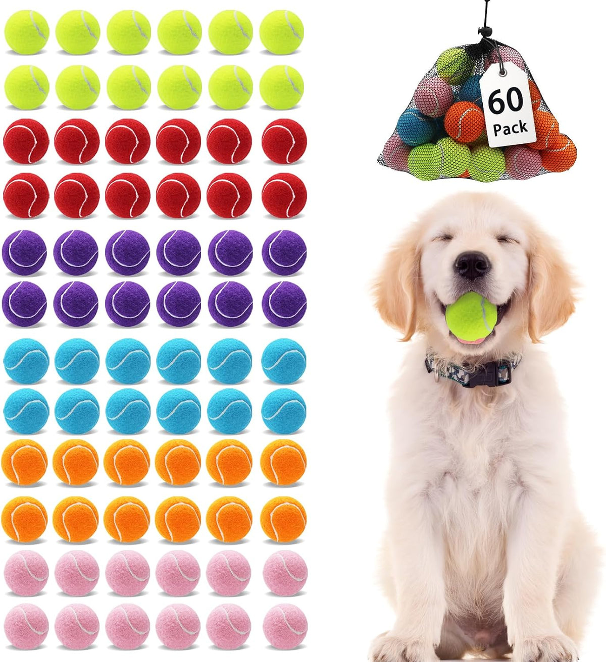 Magicorange Small Tennis Balls, 60 Pack 2 inch Tennis Balls for Dogs | Colorful Easy Catching,Playing Ball for Small Medium Breed Dogs,Bright Fluorescent Multicolor,with Mesh Bag
