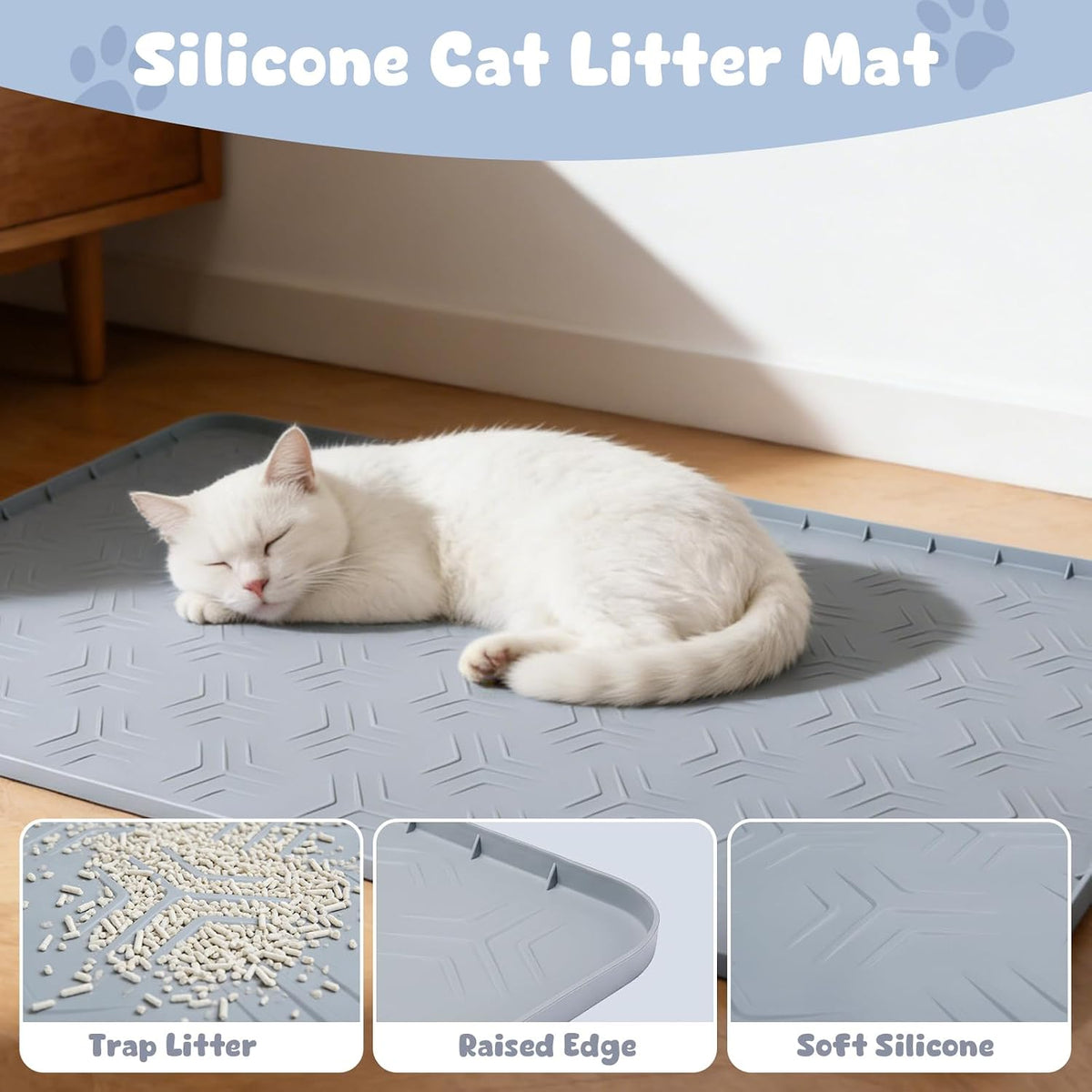 JUJOMAT Cat Litter Box Mat, 50"×35" Large Silicone Cat Litter Trapping Mat | Non-Slip Gray Kitty Litter Mat for Indoor Cats, Waterproof Pet Food Mats Easy to Clean & Soft on Kitty Paws