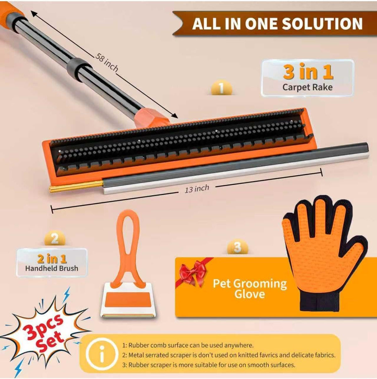 Carpet Rake for Pet Hair Removal - Reusable Dog & Cat Hair Remover with 58" Reinforced Steel Handle, 3-in-1 Professional Modular Rug Rake & Scraper Tool for Shag Rugs, Couch, Stairs (Orange)