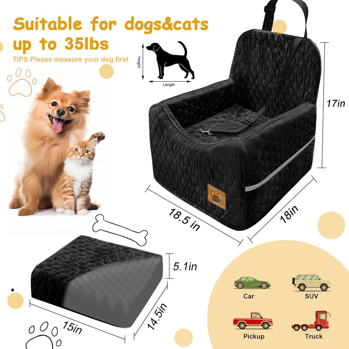 Dog Car Seat for Small/Medium Dogs, Memory Foam Dog Booster Seat, Travel Safety with Washable Removable Cover, Storage Pockets for Dogs up to 35 lbs(Black)