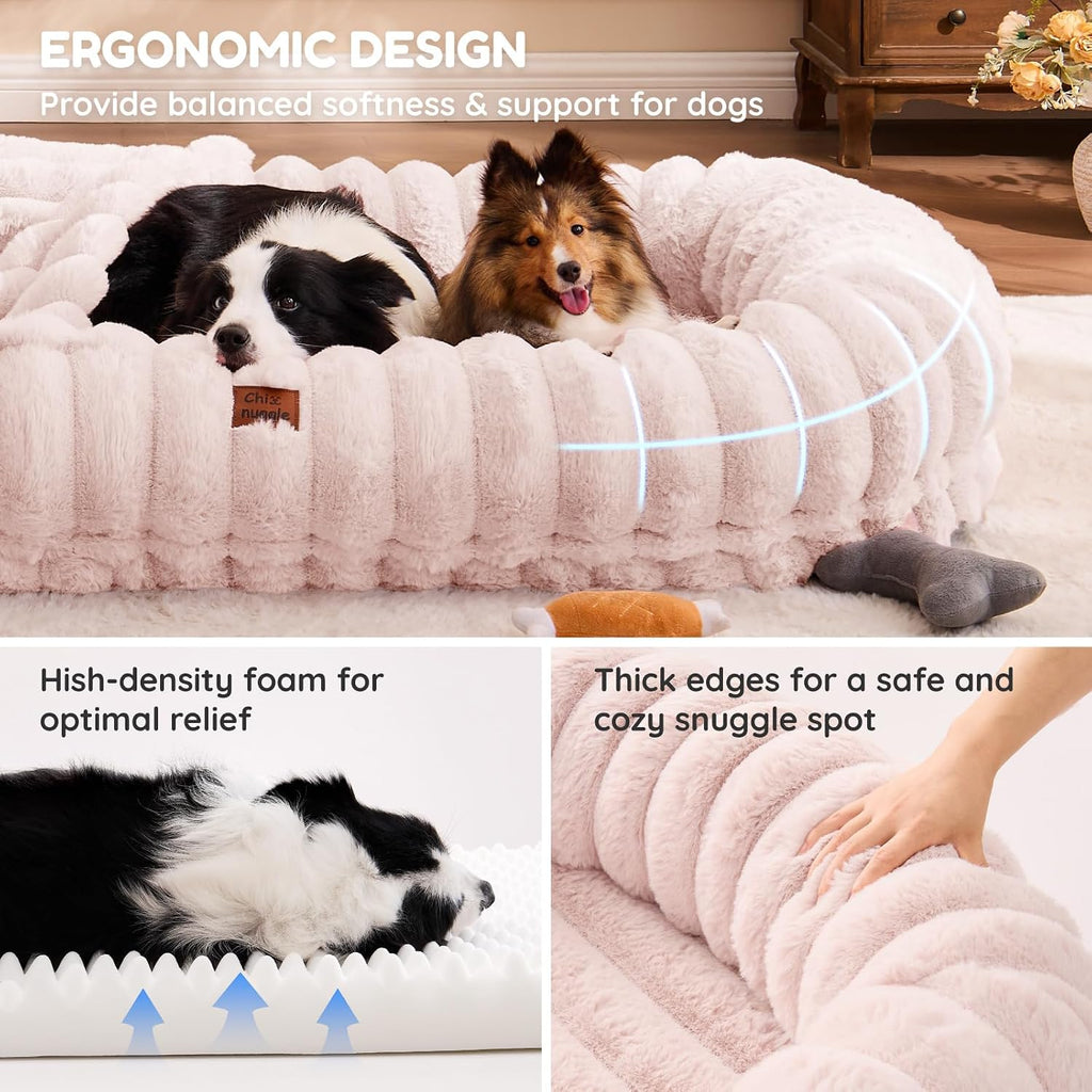ChiXnuggle Orthopedic Human Dog Bed,Striped Faux Fur Washable Cover,Blanket