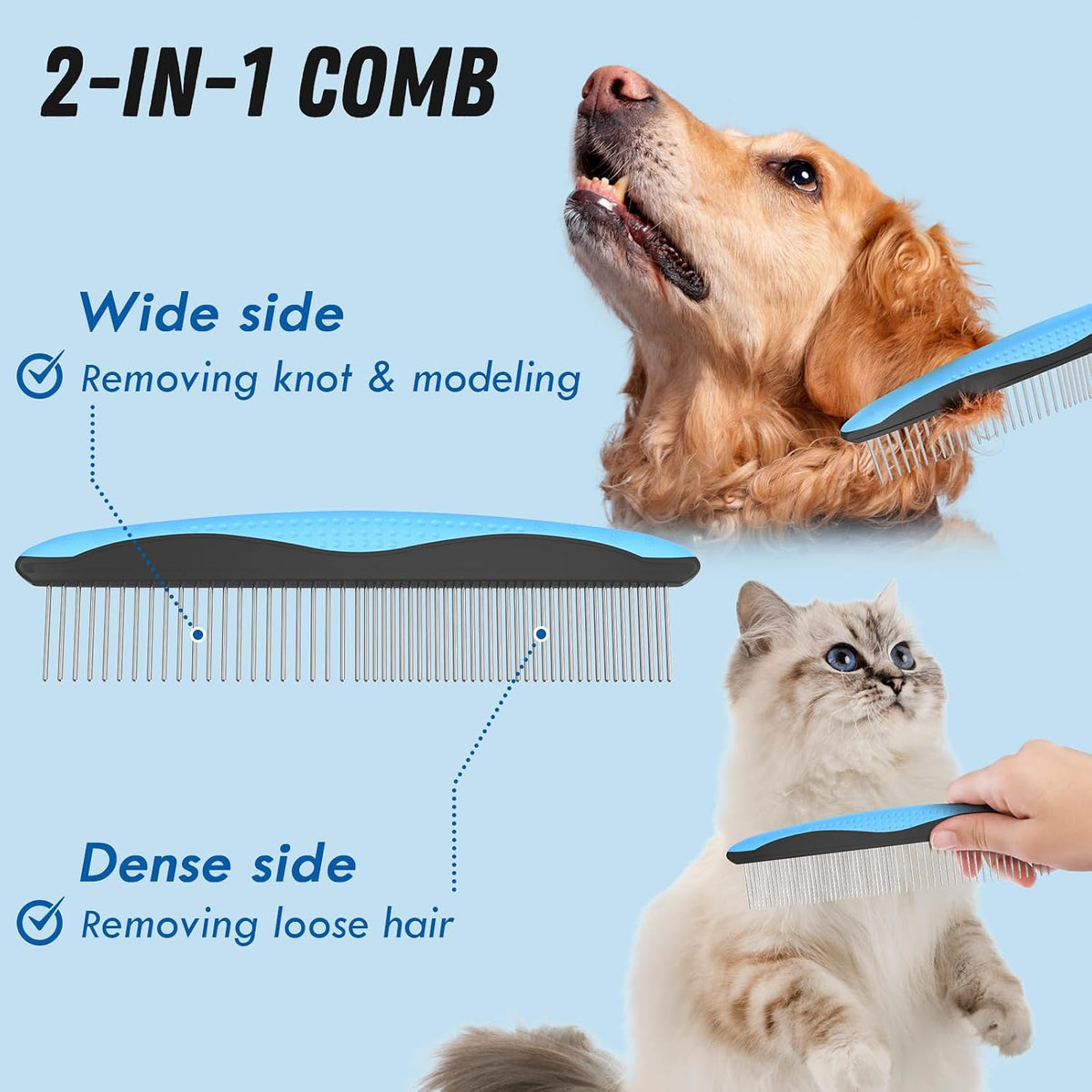 Docrok Pet Grooming Combo - Blue Deshedding Brush with Metal Comb for Detangling and Dematting Long, Matted Fur on Cats and Dogs | Dematting Deshedding Undercoat Rake, Cat Brush Dog Brush Shedding Tool for Long Matted Haired Pets