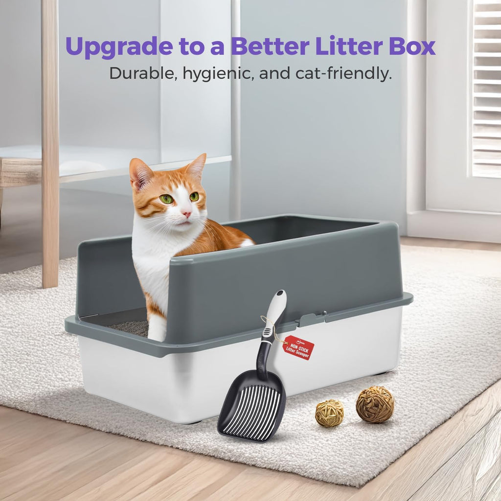iPrimio Stainless Steel Cat Litter Box Set, XL with Enclosure and Scooper | XL steel box with a detachable enclosure and a matching scooper. High sides keep litter scatter inside the box, not outside.