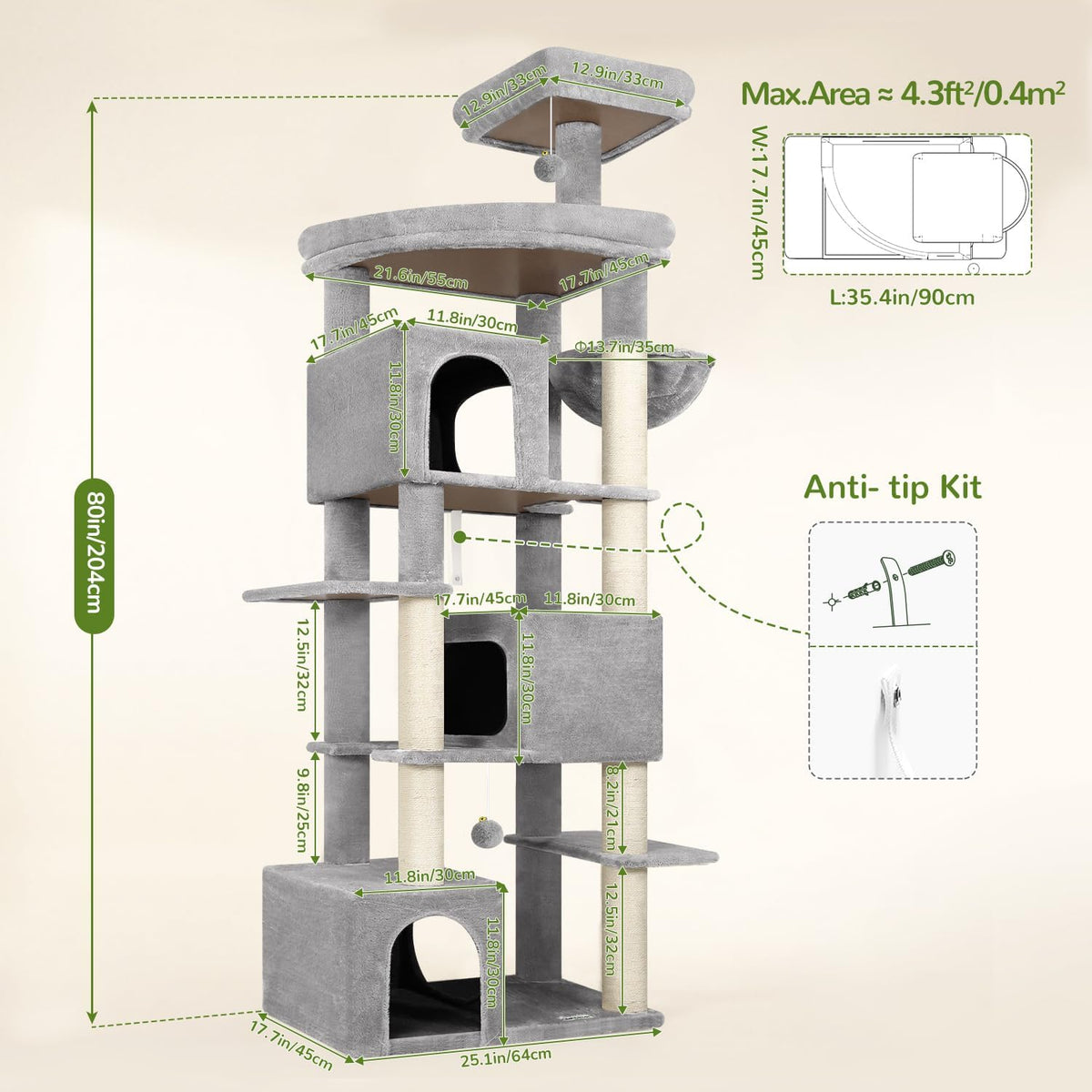 Globlazer Large Cat Tree for Large Adult Cats, Tall Sturdy Cat Tower, S80
