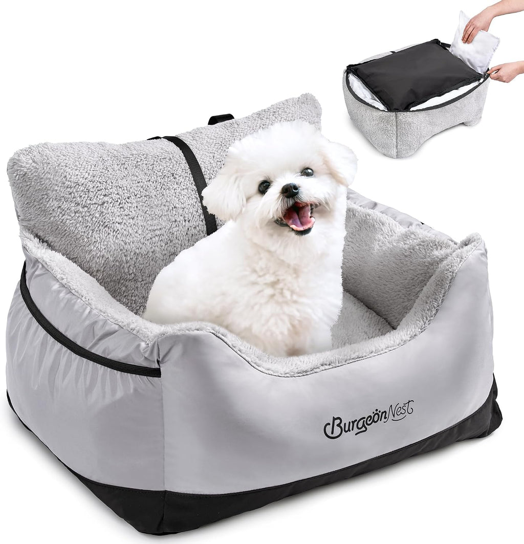 BurgeonNest Dog Car Seat for Small Dogs & Cats Under 25 lbs, Black Grey