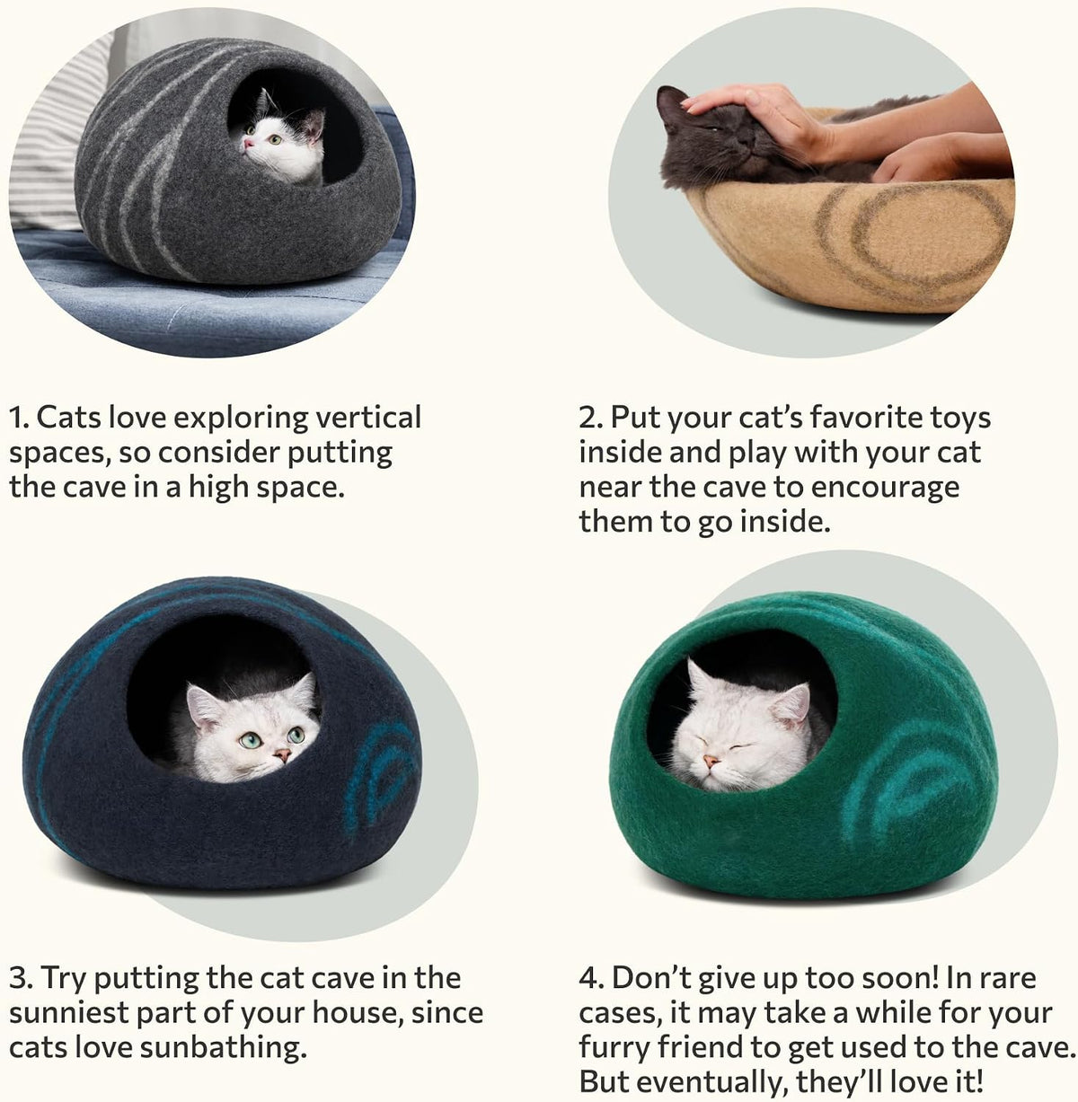 MEOWFIA Cat Cave - New Zealand Wool Bed for Indoor Cats (Emerald)