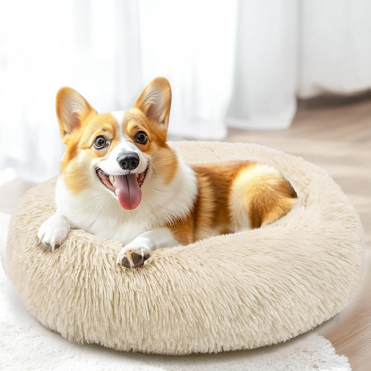 28in Large Dog Bed, Calming Donut Bed for Puppy and Kitten (Light Brown)
