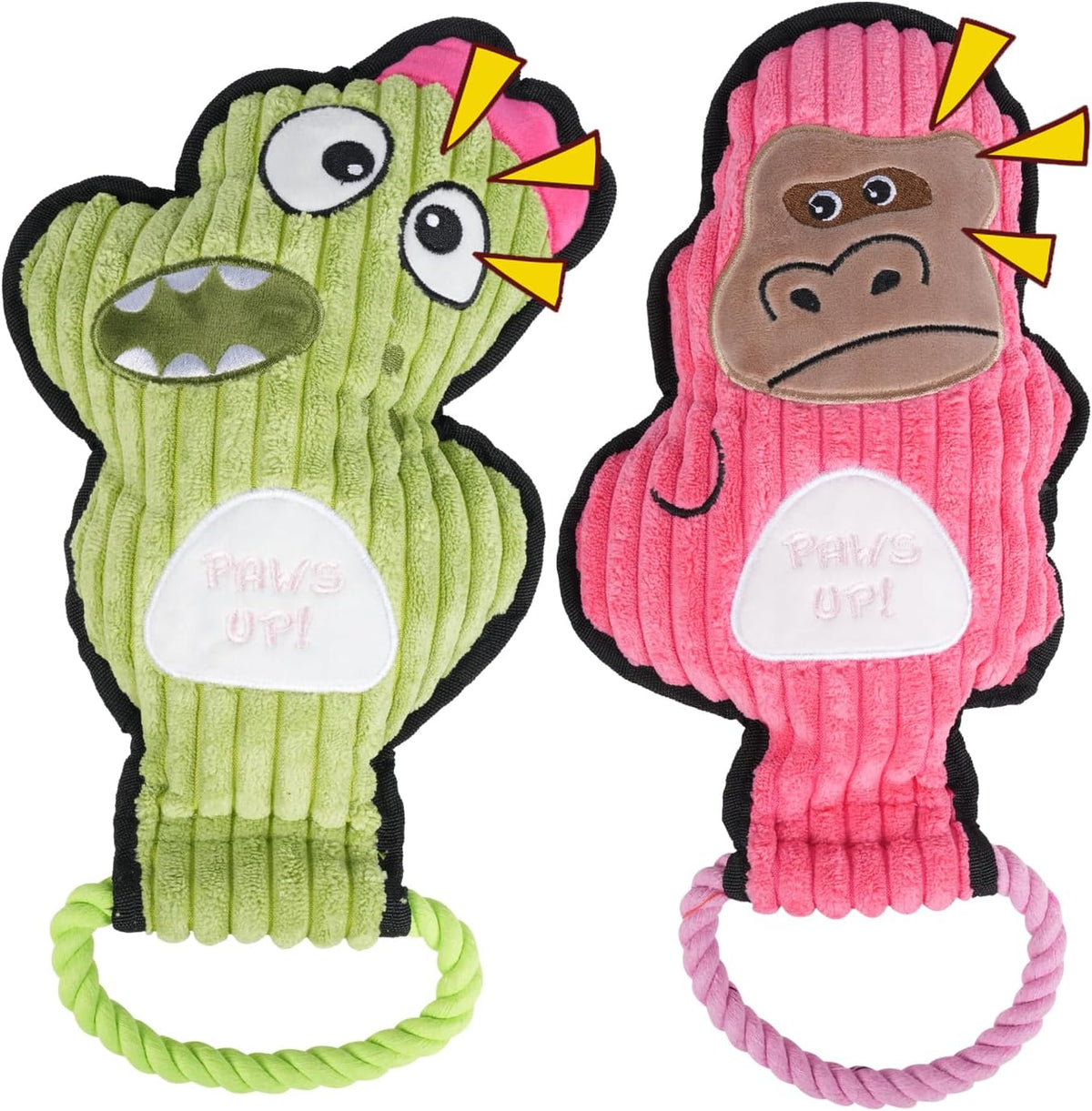 2-Pack Crinkle and Squeaky Dog Toys & Tough Tug of War Set - No Stuffing Chew-Resistant Plush Toys to Keep Them Busy, Best Birthday Gift for Small/Medium/Large Breeds (Dino & Gorilla)