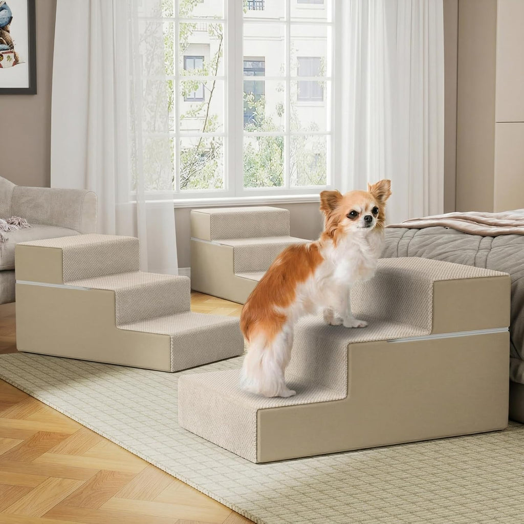 YENING Large Dog Stairs for High Beds - Extra Wide Pet Steps for Large Dogs to Get on Tall Bed 3 Deep Step Cat Ramp for Couch Beige