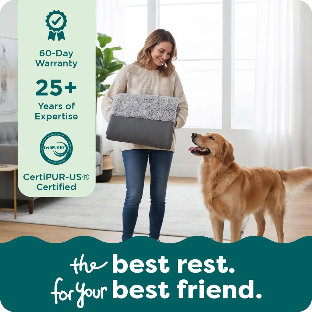 FurHaven Replacement Dog Bed Cover, Two-Tone Bed Cover for L-Shaped Chaise, Removable Washable Cover, Large, Faux Fur & Suede, Stone Gray