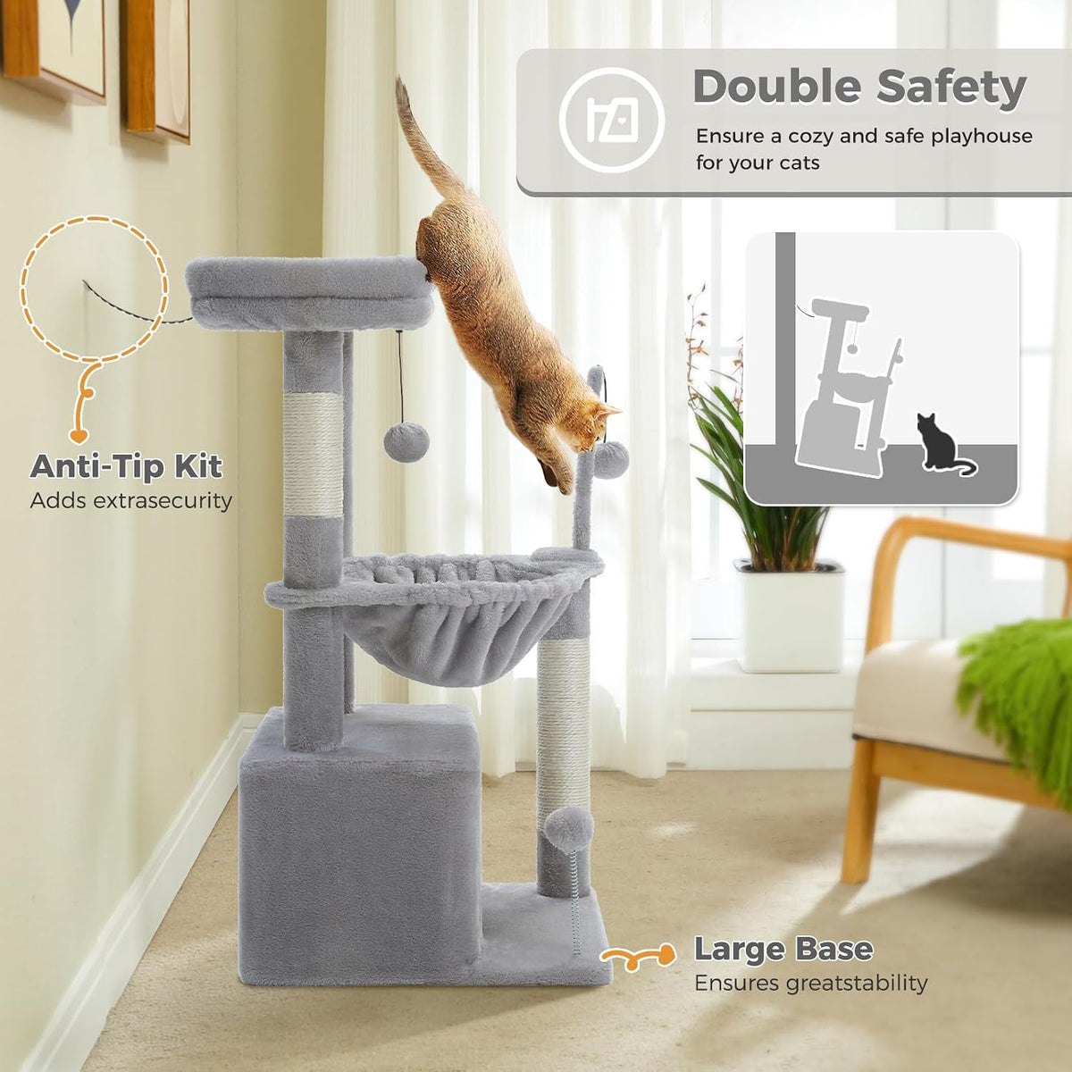 PEQULTI 4-in-1 Cat Activity Tree for Kittens & Small Cats, 33in Grey Tower