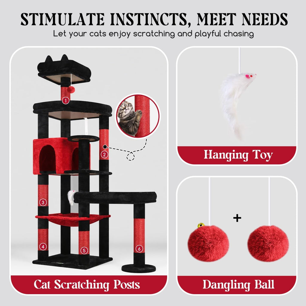 Globlazer 65in Gothic Sturdy Cat Tree for Indoor Large Cat, S65, Black Red