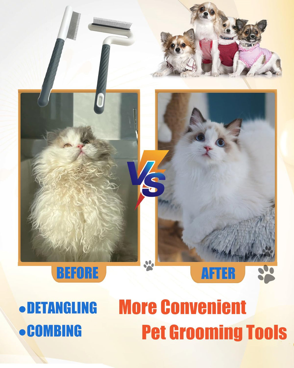2 PCS Pet Comb with Long & Short Stainless Steel Teeth,Flea and Tick Comb for Dogs & Cats,Pet Grooming Brush for Short&Long Hair,2 different shapes with Rubber Handle