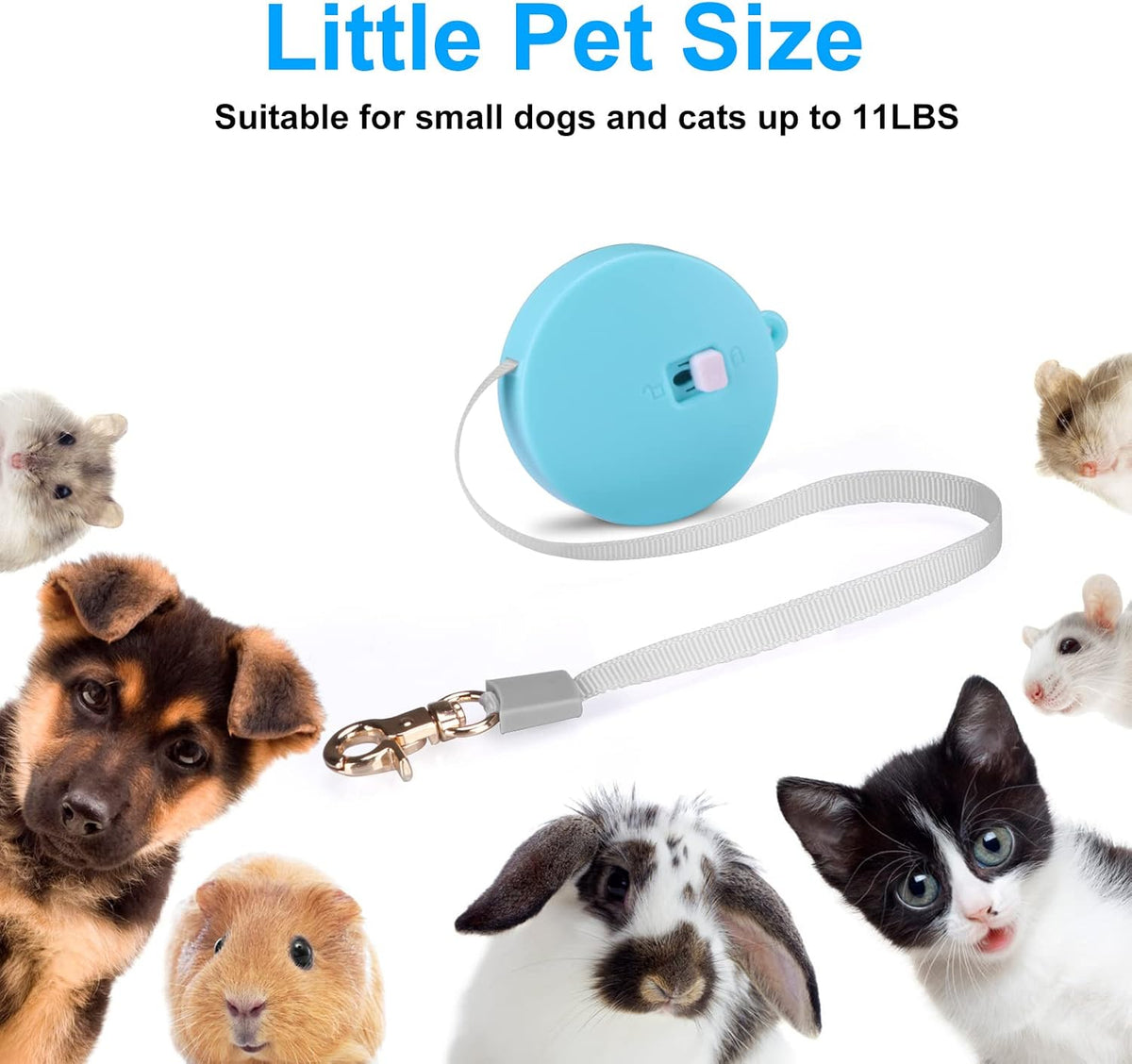 Retractable Dog Leash for Small Dogs Cats up to 11lbs with 6.5ft Anti-Pull Strong Nylon Tape, Hands Free, Mini and Portable Walking Leash with Wrist Strap, One-Hand Brake, Blue Round