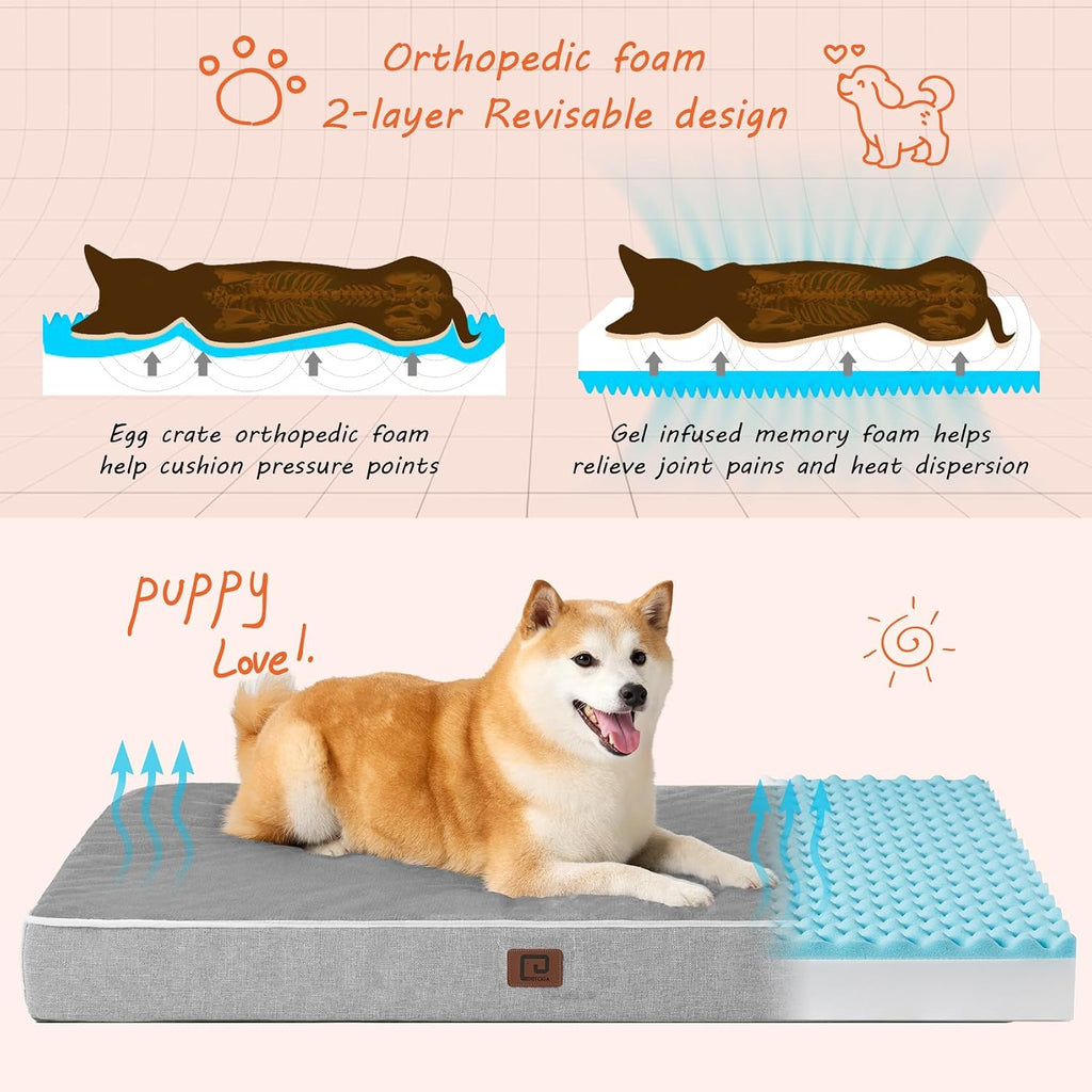 EHEYCIGA Large Washable Dog Crate Bed with Memory Foam, 35x23Inch, Grey