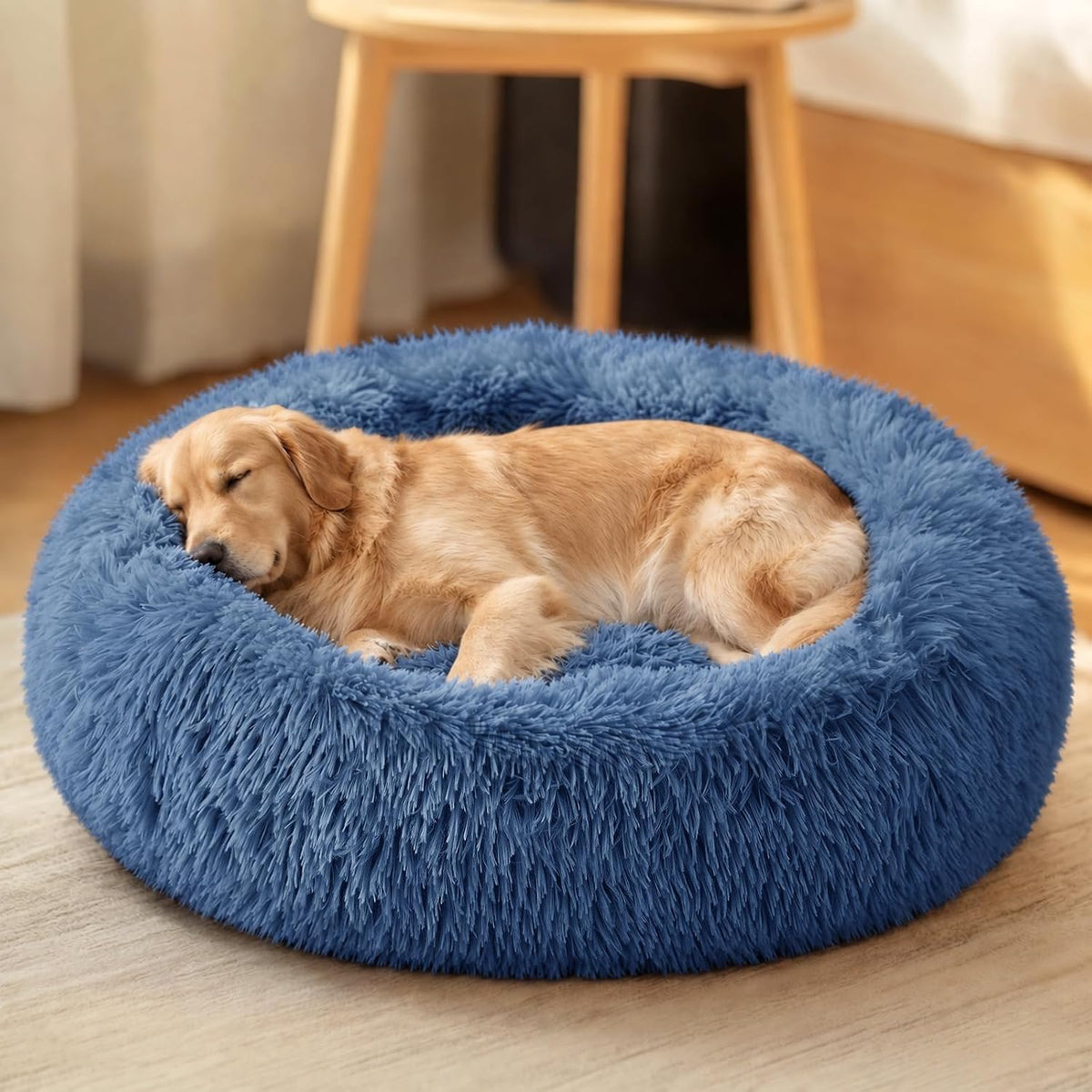 JOLLYVOGUE Calming Dog Beds Extra Large Sized Dog, 45in Donut Washable Large Pet Bed, Anti-Slip & Anti-Anxiety Fluffy Faux Fur Round Dogs Bed, Fits up to 125 lbs Pets (Navy Blue)