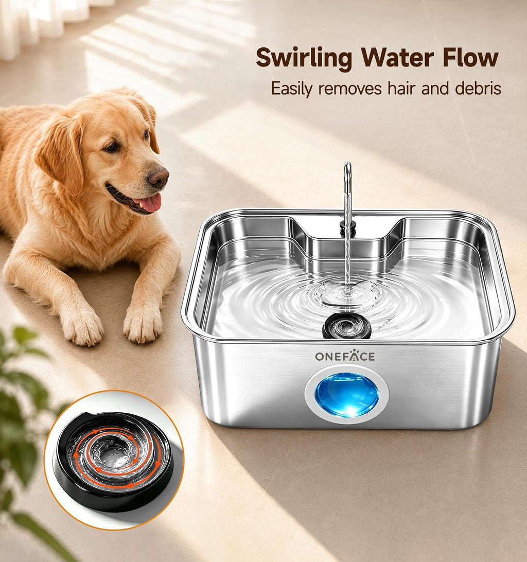 ONEFACE 4.5Gal Dog Water Fountain, 304 Stainless Steel, Quiet Large Dogs