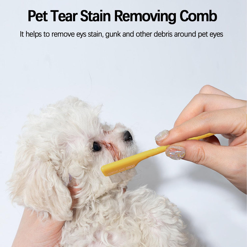JGocot Dog Tear Stain Remover Comb for Small Doggy and Cats Pet Grooming Tool with Round Tip Stainless Steel Mini Scissor for Pet Facial Eye Area