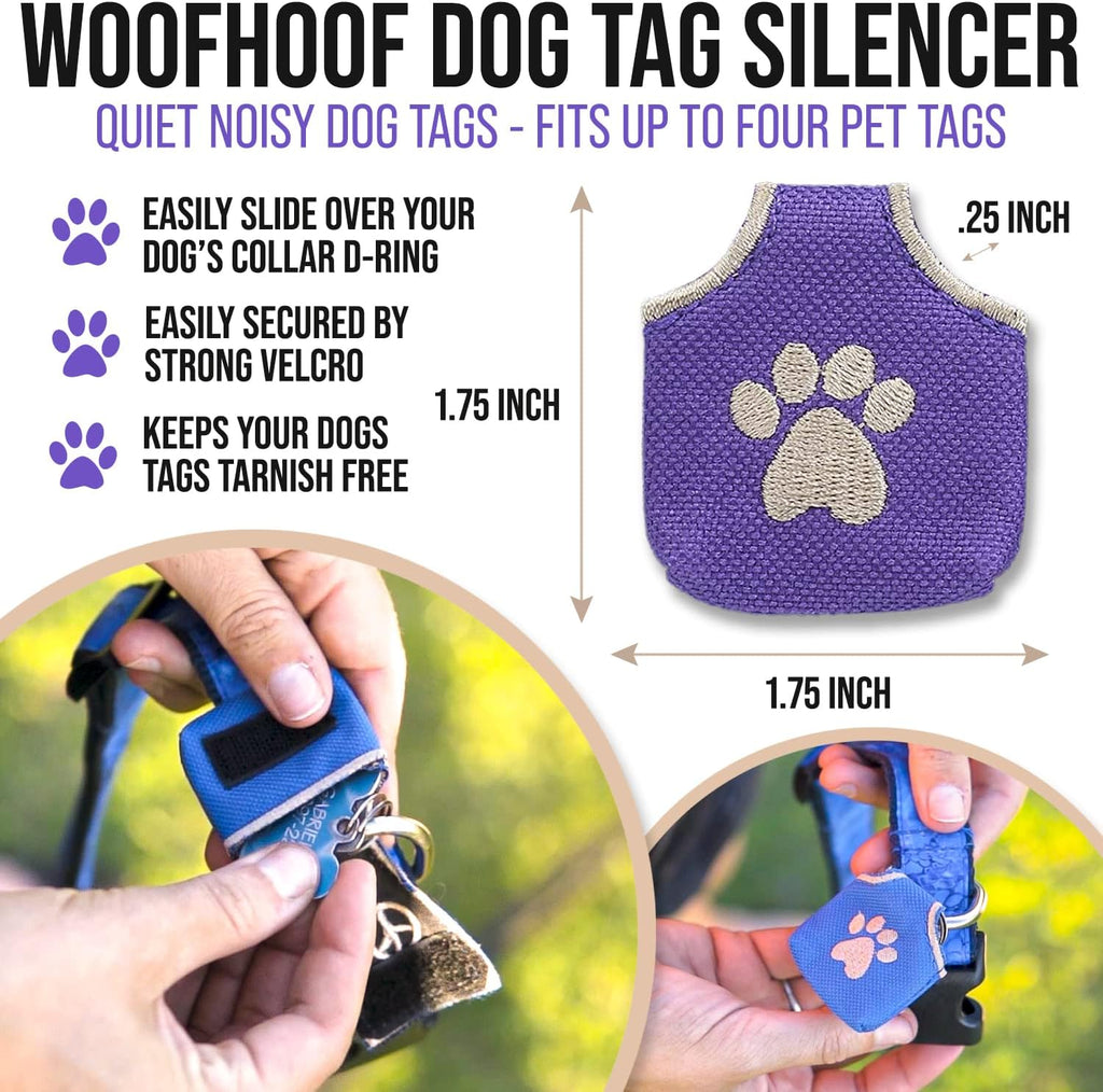 Woofhoof Dog Tag Silencer, Purple Pawprint - Quiet Noisy Pet Tags - Fits Up to Four Pet IDs - Dog Tag Cover Protects Metal Pet IDs, Made of Durable Nylon, Universal Fit, Machine Washable