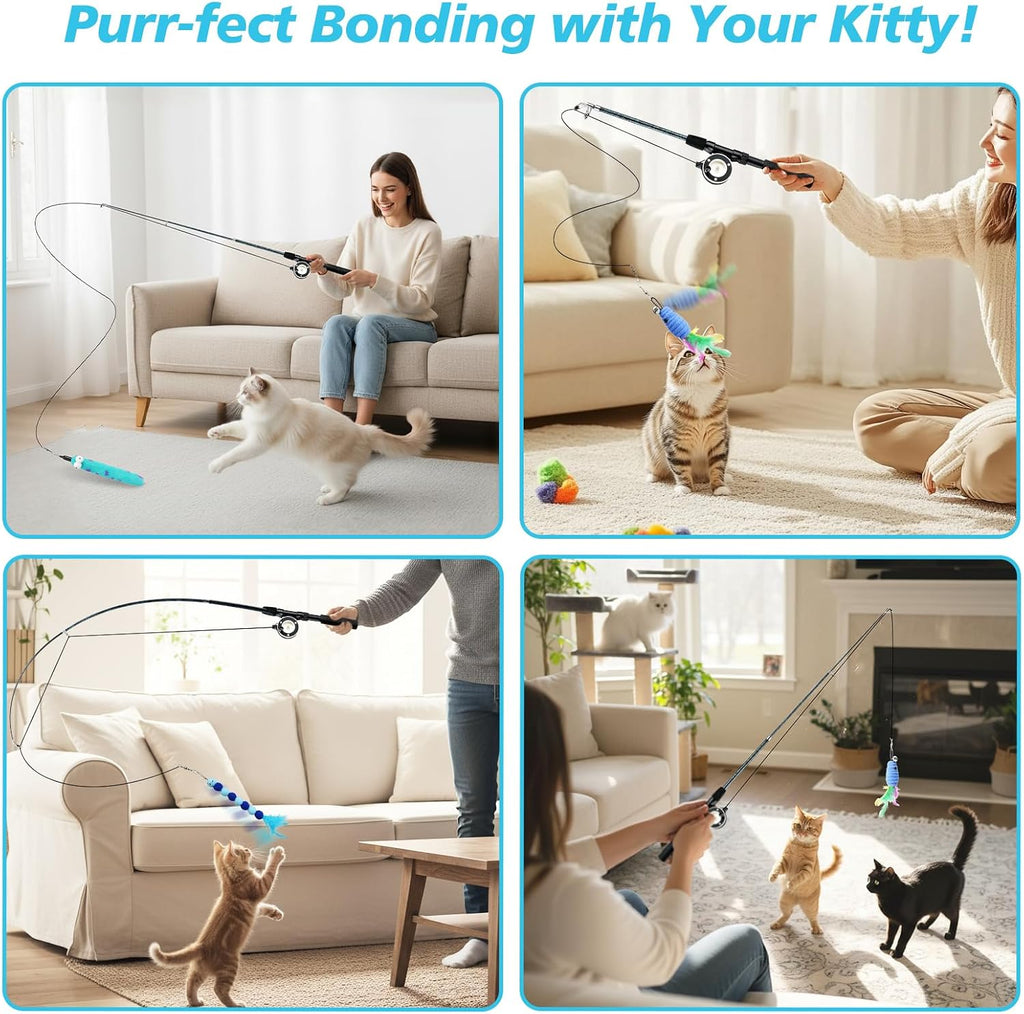 Pawaboo Cat Teaser Wand Toys, Cat Fishing Pole Toy with 3 PCS Feathers