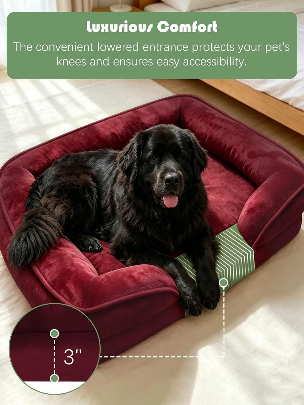 Spotted Play Orthopedic Dog Bed with Sides - Sofa Beds for Extra Large Dogs, Supportive Foam Pet Couch Bed with Washable Removable Cover, Waterproof Lining and Non-Slip Bottom, Burgundy - XXL