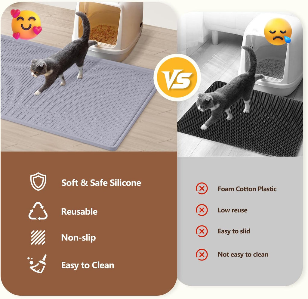 Silicone Cat Litter Box Mat 34'' x 22'' Cat Mat with Toy, Grey