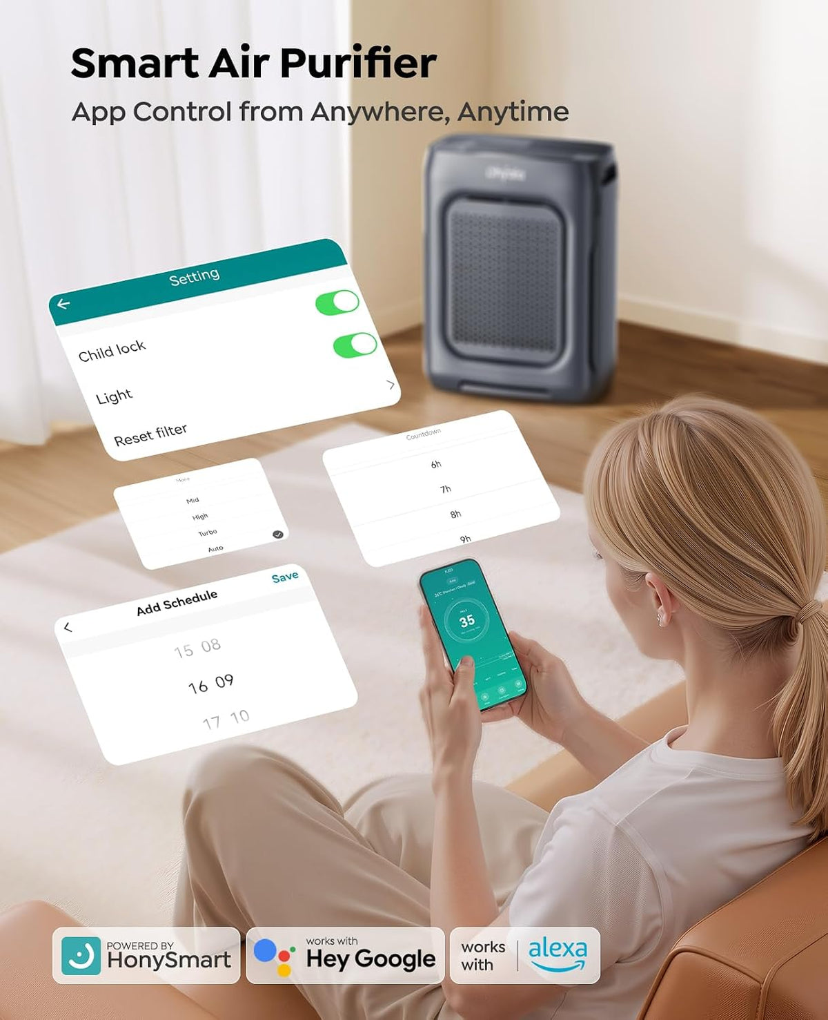 Air Purifier for Home Bedroom Large Room up to 3000Ft², HEPA Air Purifier with Washable Double-Sided Filters, Smart WiFi, AQI Display, Air Cleaner for Pets, Dust, Pollen, 15dB Sleep Mode, Gary